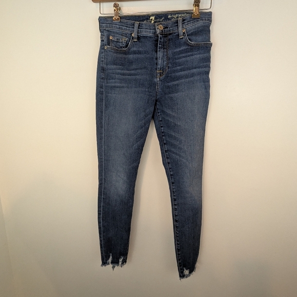 7 For All Mankind The High Waist Skinny Raw Ankle Jeans, Sz 27 - Picture 1 of 6